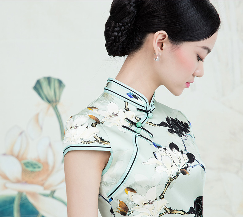 家佳樂文學蠶絲復古玉蘭花旗袍春夏款