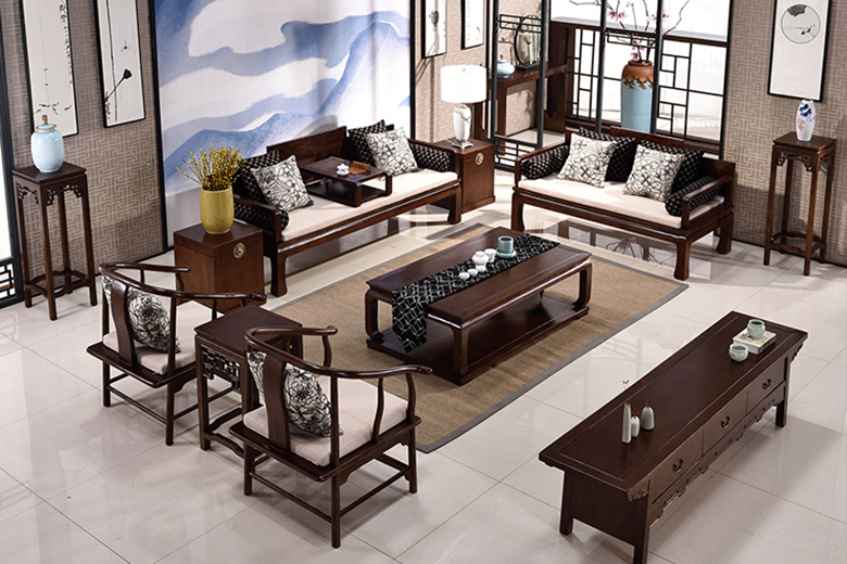 新中式仿古實木羅漢床布藝沙發(fā)組合