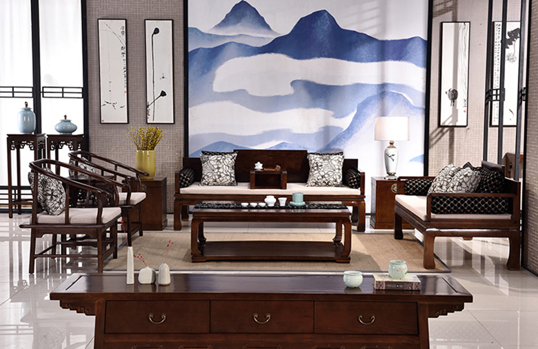 新中式仿古實木羅漢床布藝沙發(fā)組合