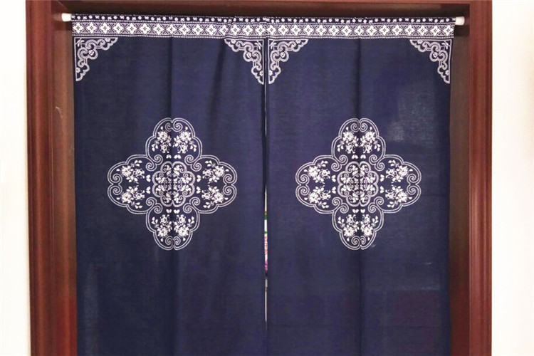 家佳樂(lè)文學(xué)中式棉麻藍(lán)印花布藝門簾掛簾隔斷