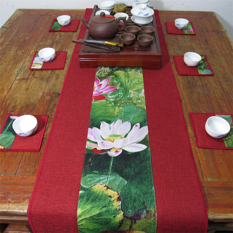 家佳樂文學(xué)復(fù)古棉麻布藝禪意荷花桌旗茶巾