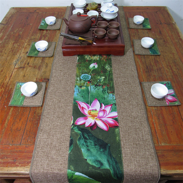 家佳樂文學(xué)復(fù)古棉麻布藝禪意荷花桌旗茶巾