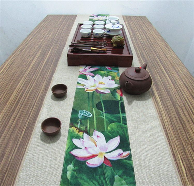 家佳樂文學(xué)復(fù)古棉麻布藝禪意荷花桌旗茶巾