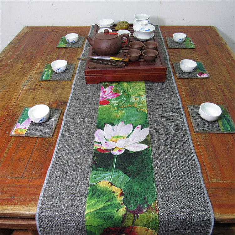 家佳樂文學(xué)復(fù)古棉麻布藝禪意荷花桌旗茶巾