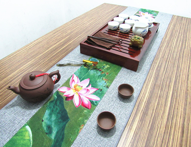 家佳樂文學(xué)復(fù)古棉麻布藝禪意荷花桌旗茶巾