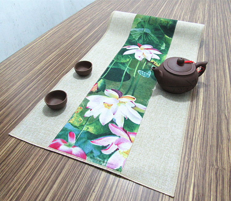 家佳樂文學(xué)復(fù)古棉麻布藝禪意荷花桌旗茶巾