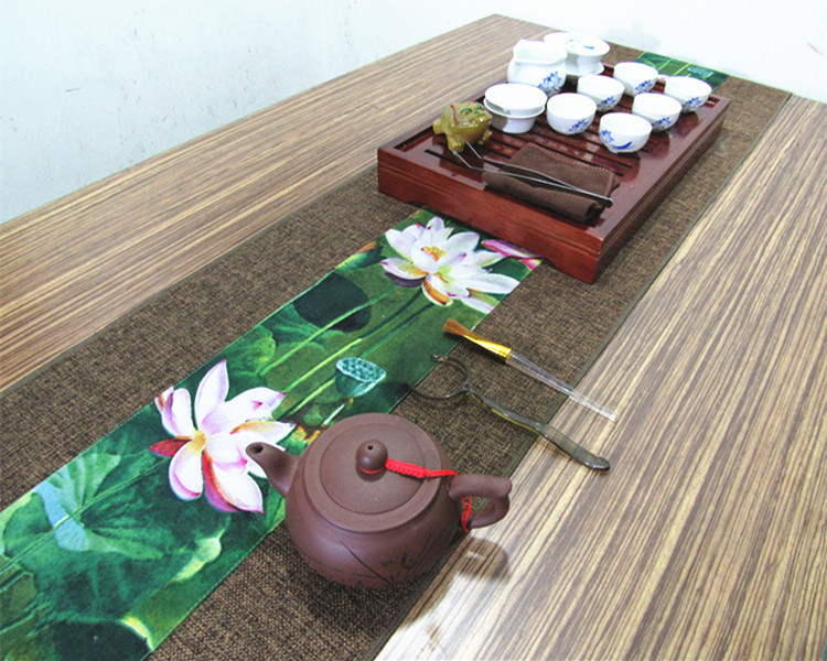 家佳樂文學(xué)復(fù)古棉麻布藝禪意荷花桌旗茶巾