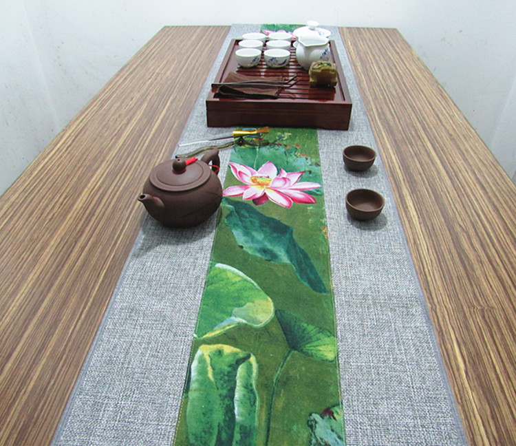 家佳樂文學(xué)復(fù)古棉麻布藝禪意荷花桌旗茶巾