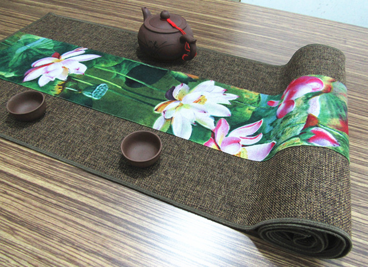 家佳樂文學(xué)復(fù)古棉麻布藝禪意荷花桌旗茶巾