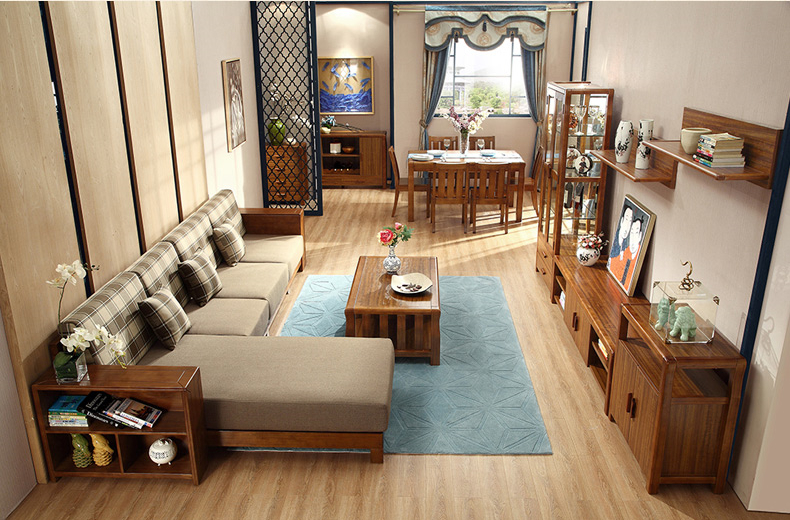 現代新中式實木橡膠木沙發(fā)組合