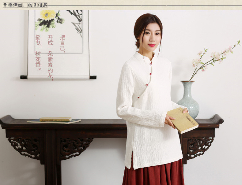 紅梅落雪復(fù)古棉麻唐裝女中式長袖上衣