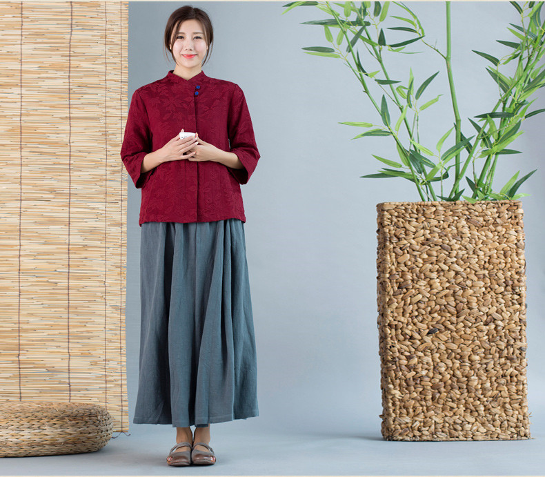 暗紅色中式外套女長(zhǎng)袖盤(pán)扣上衣