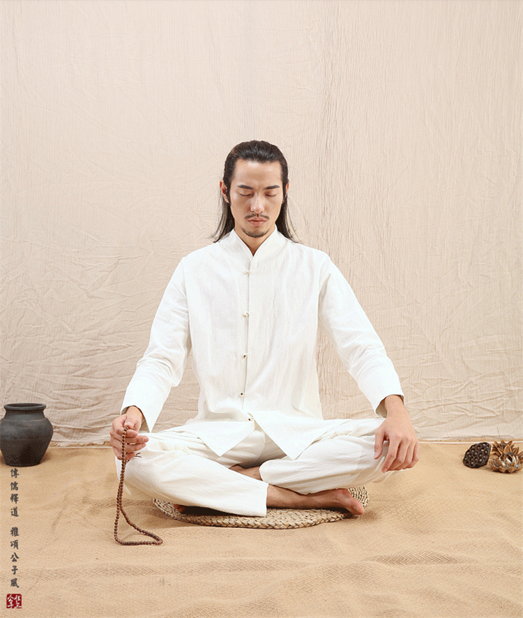 文藝范中式長(zhǎng)袖棉麻白襯衫唐裝男