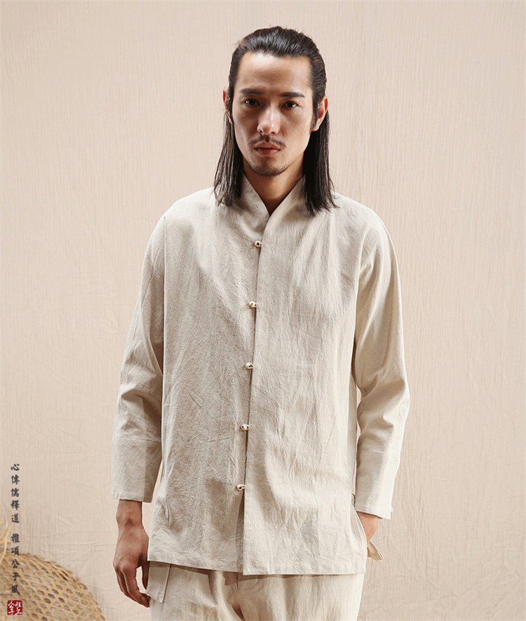 文藝范中式長(zhǎng)袖棉麻白襯衫唐裝男