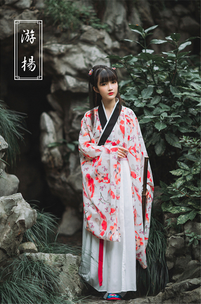 錦鯉漢服交領廣袖一片式穿孔襦裙