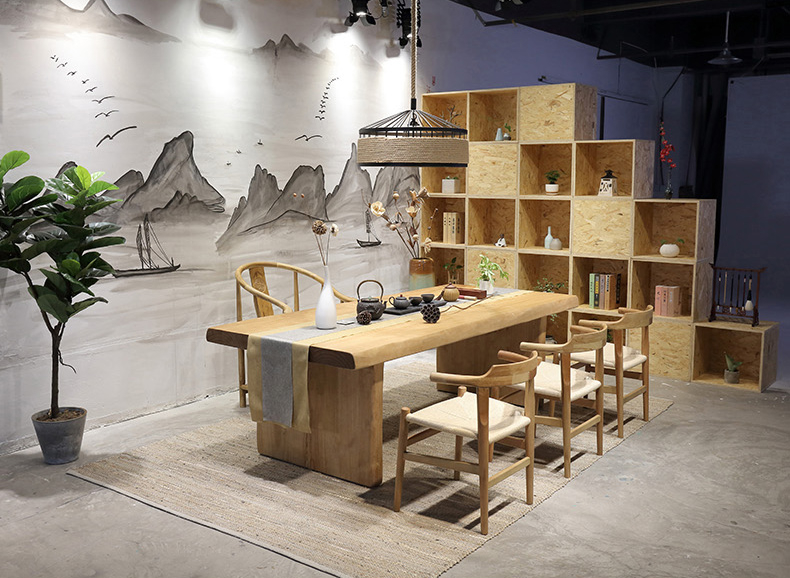 復(fù)古純實(shí)木茶桌椅組合，仿古簡約功夫茶臺