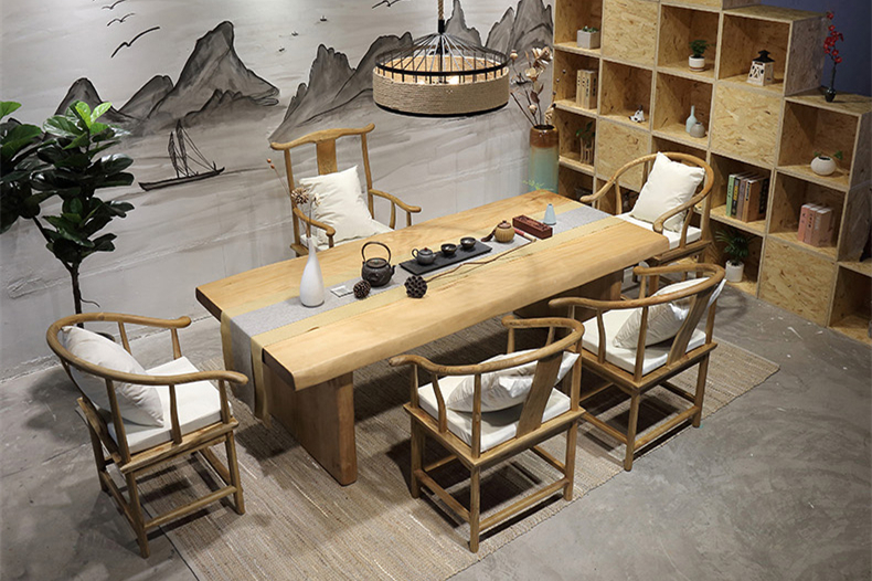 復(fù)古純實(shí)木茶桌椅組合，仿古簡約功夫茶臺