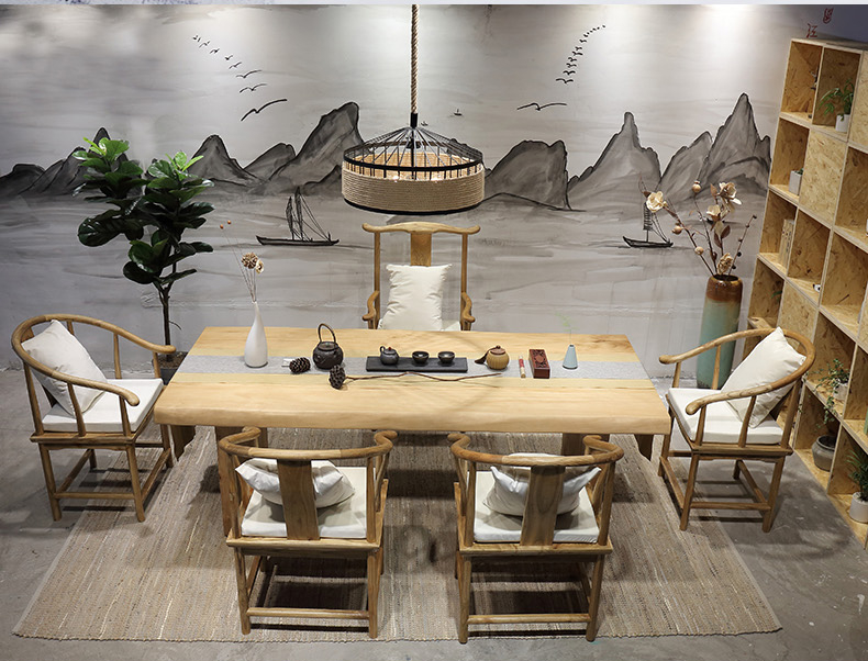 復(fù)古純實(shí)木茶桌椅組合，仿古簡約功夫茶臺