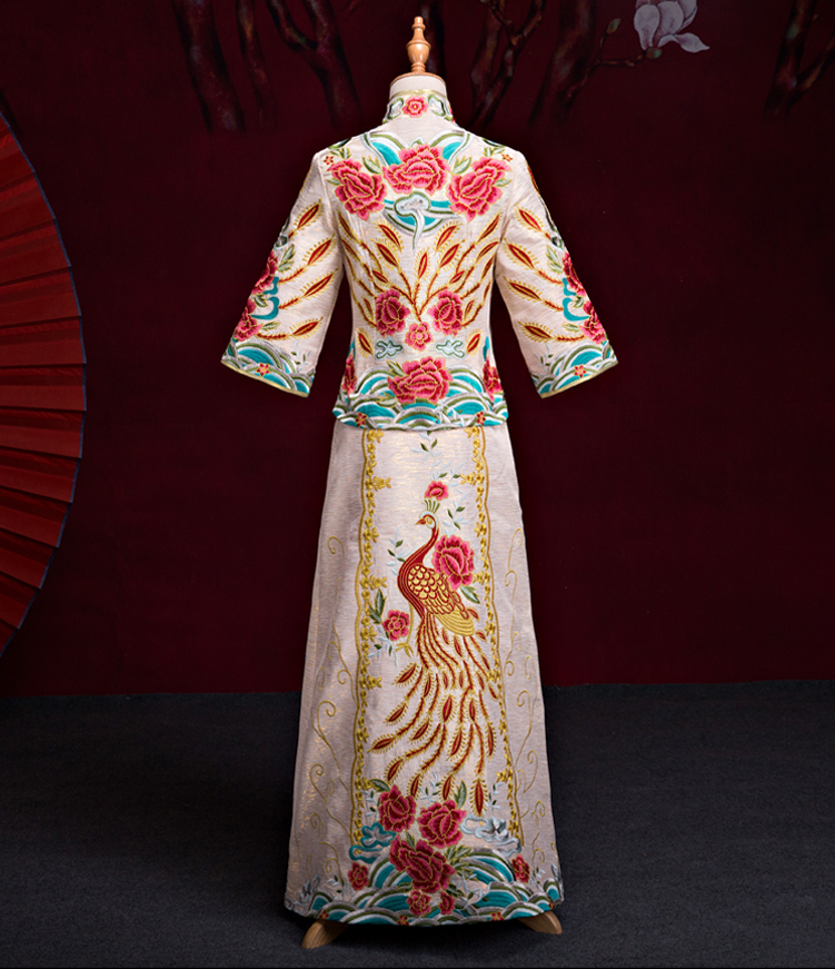 刺繡鳳凰白色中式嫁衣，結(jié)婚敬酒服旗袍修身