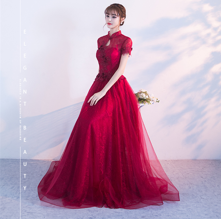 中式立領(lǐng)修身長(zhǎng)款禮服，新娘敬酒服