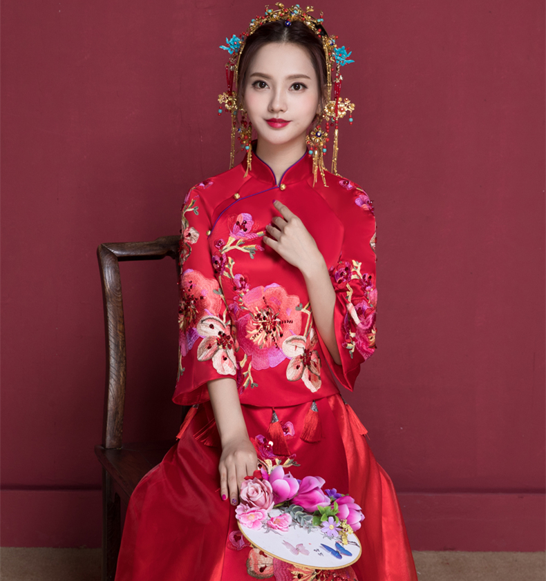 花開富貴中式新娘禮服，蘇繡桃花中袖敬酒服