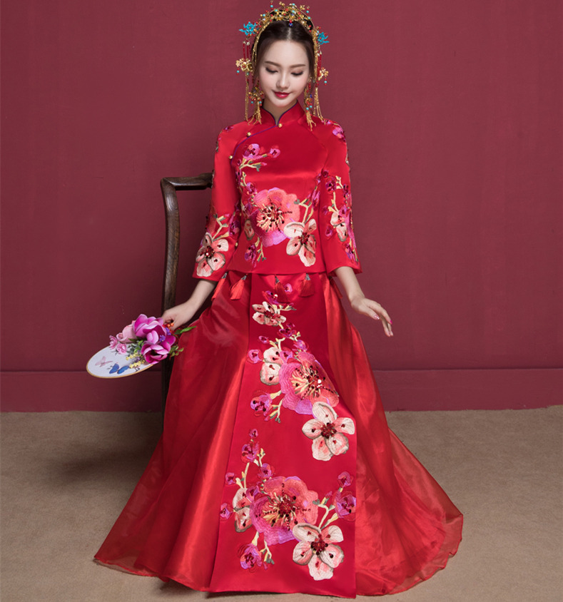 花開富貴中式新娘禮服，蘇繡桃花中袖敬酒服