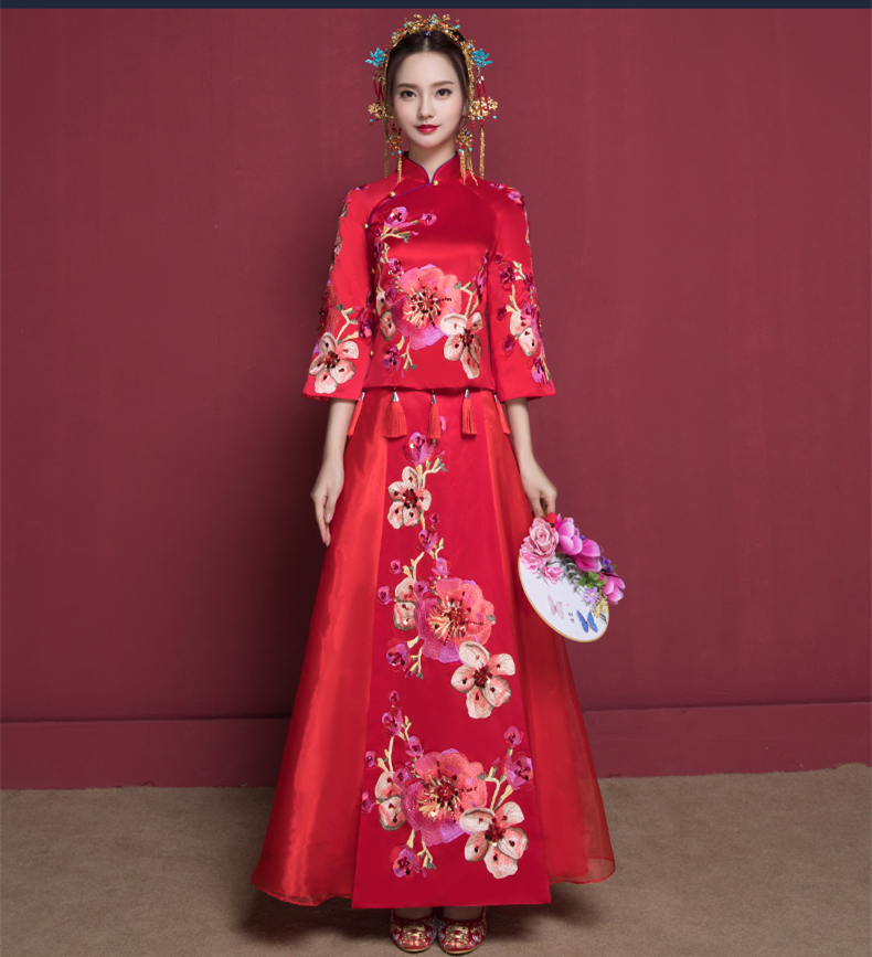 花開富貴中式新娘禮服，蘇繡桃花中袖敬酒服