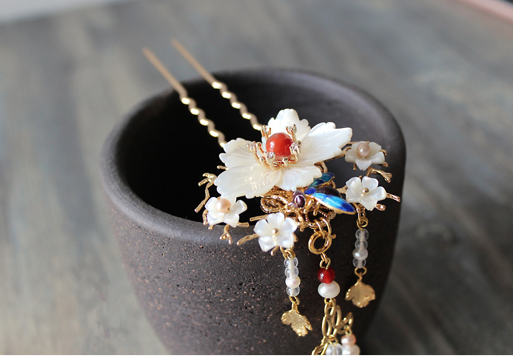 古典手工發(fā)簪，燒藍景泰藍帶流蘇發(fā)釵