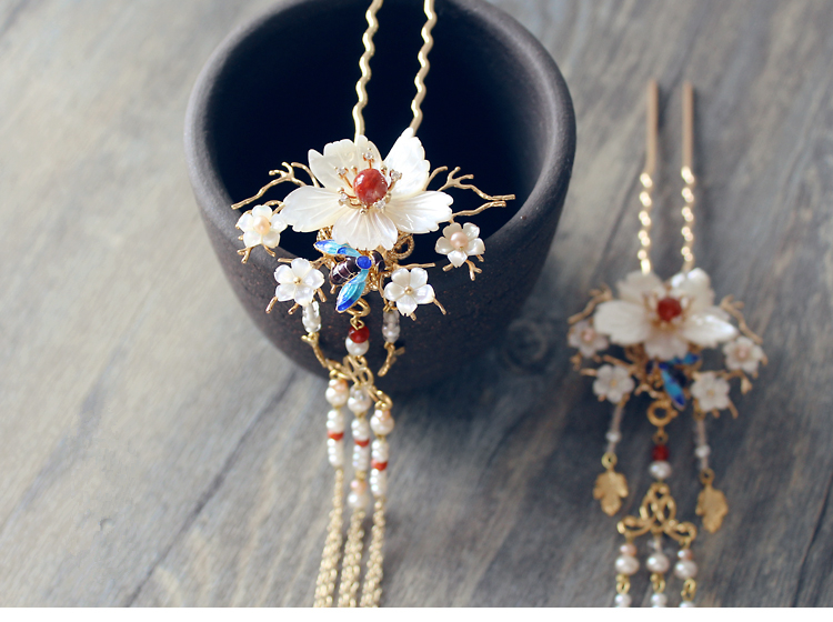 古典手工發(fā)簪，燒藍景泰藍帶流蘇發(fā)釵