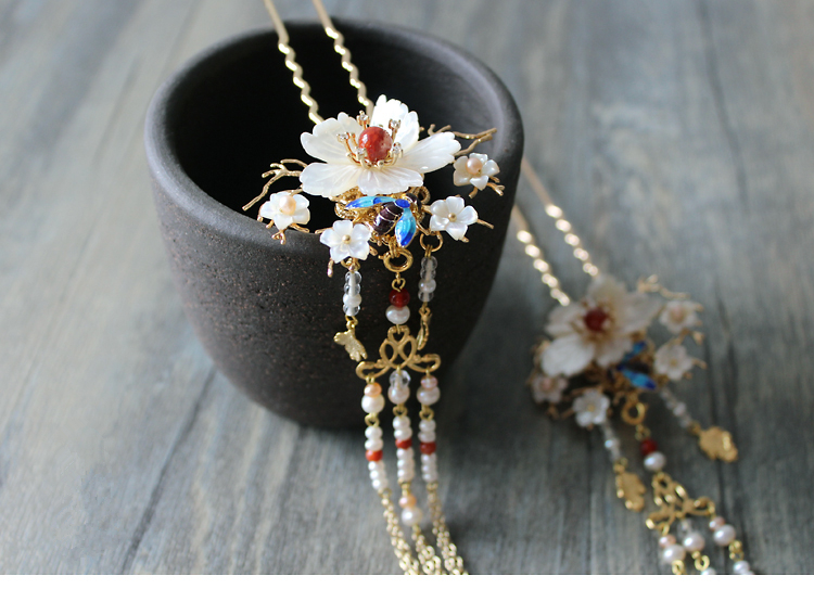 古典手工發(fā)簪，燒藍景泰藍帶流蘇發(fā)釵