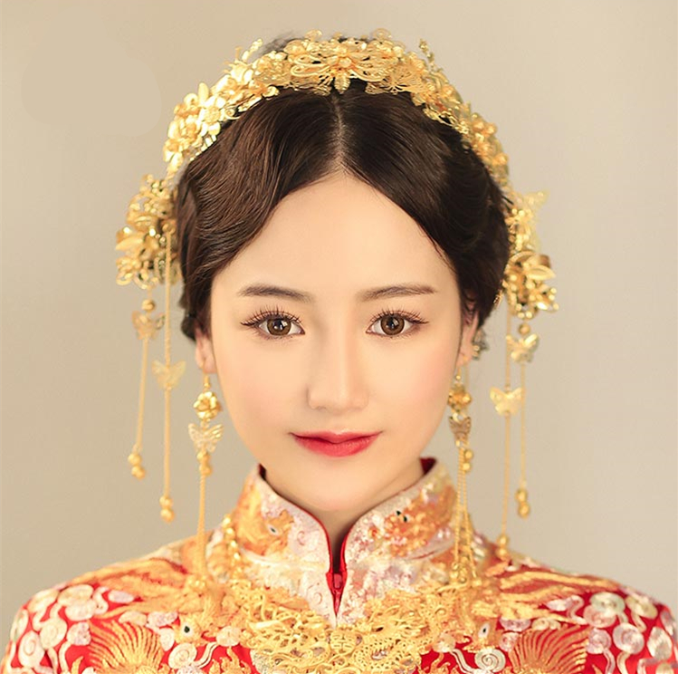 中式新娘精美頭飾，金色發(fā)飾套裝步搖鳳冠