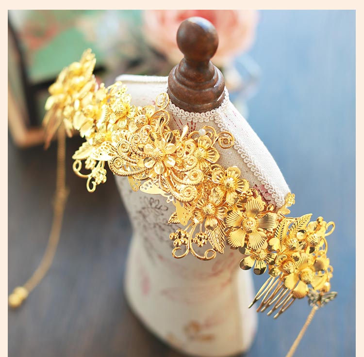 中式新娘精美頭飾，金色發(fā)飾套裝步搖鳳冠