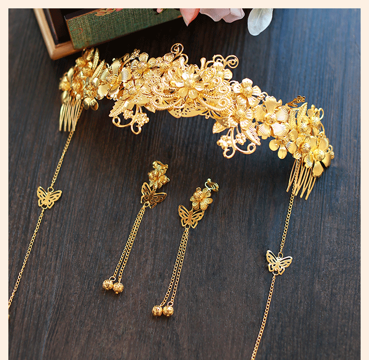 中式新娘精美頭飾，金色發(fā)飾套裝步搖鳳冠