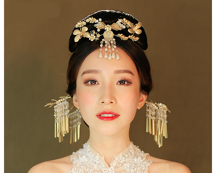 金色復(fù)古宮廷頭飾，古典蝴蝶流蘇額飾