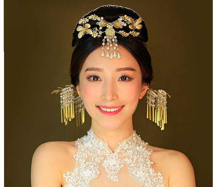 金色復(fù)古宮廷頭飾，古典蝴蝶流蘇額飾
