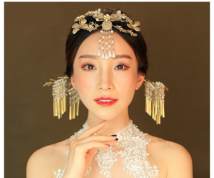 金色復(fù)古宮廷頭飾，古典蝴蝶流蘇額飾