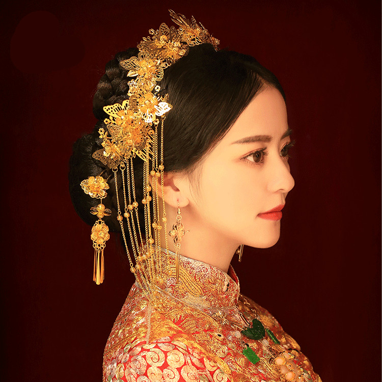 女子金色流蘇古風(fēng)頭飾，鳳冠配飾品