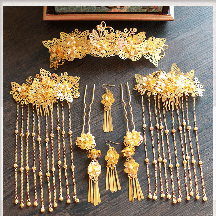 女子金色流蘇古風(fēng)頭飾，鳳冠配飾品