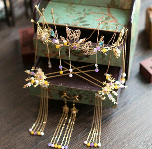 中式古典純手工發(fā)飾，婚禮頭飾蝴蝶彩珠