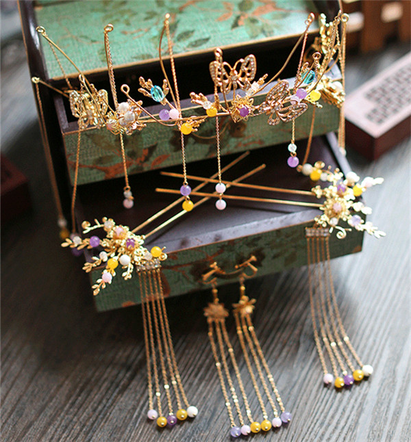 中式古典純手工發(fā)飾，婚禮頭飾蝴蝶彩珠