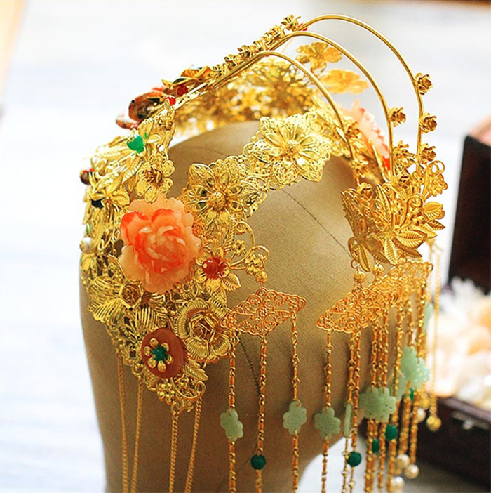 新娘古裝頭飾翠霞，中式婚禮發(fā)飾