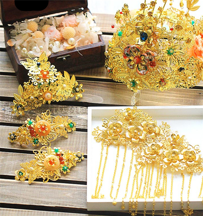 新娘古裝頭飾翠霞，中式婚禮發(fā)飾