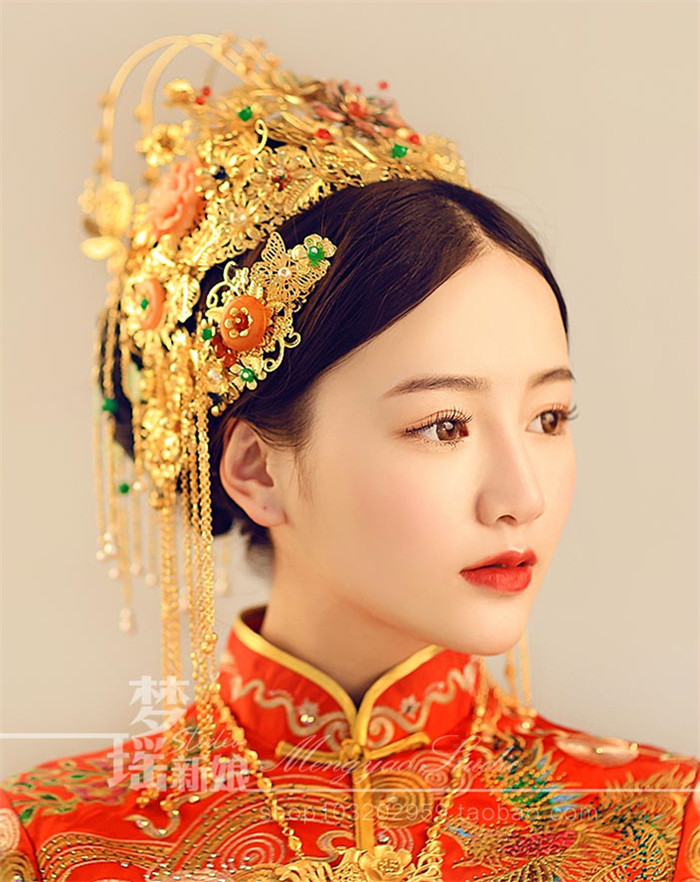 新娘古裝頭飾翠霞，中式婚禮發(fā)飾