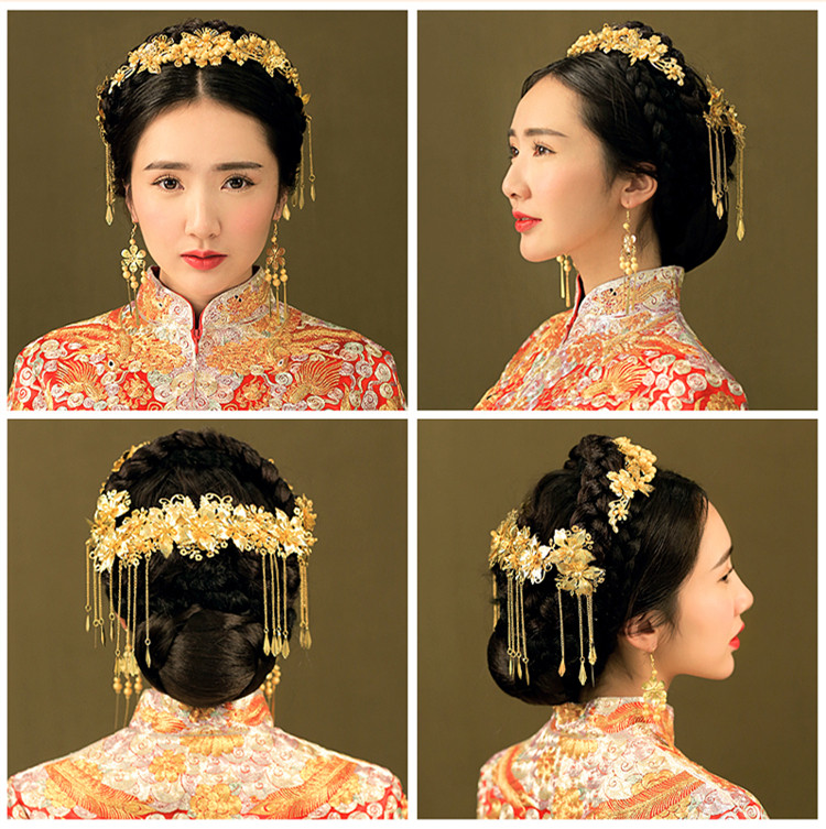中式新娘步搖頭飾，金色古裝發(fā)飾套裝