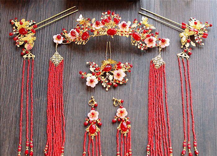 金底紅古風頭飾，復古貝殼花流蘇發(fā)簪