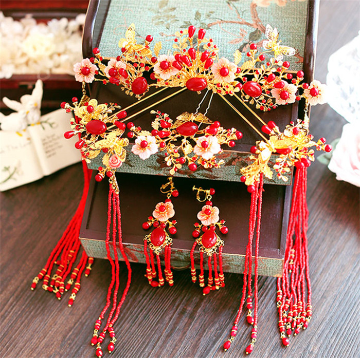 金底紅古風頭飾，復古貝殼花流蘇發(fā)簪