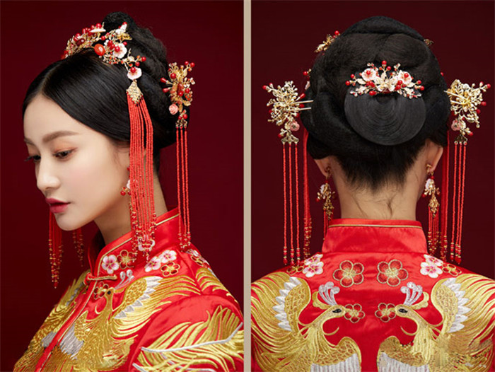 金底紅古風頭飾，復古貝殼花流蘇發(fā)簪