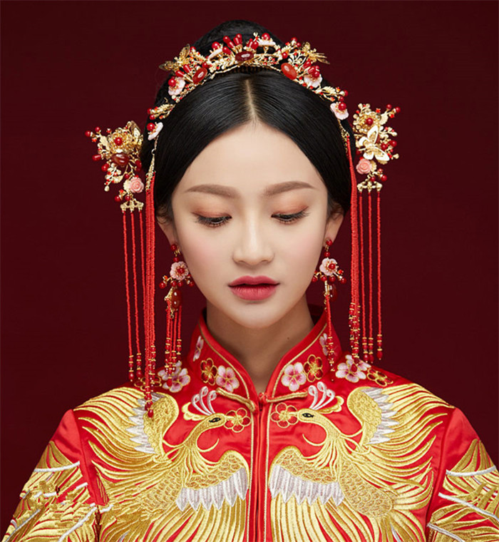 金底紅古風頭飾，復古貝殼花流蘇發(fā)簪