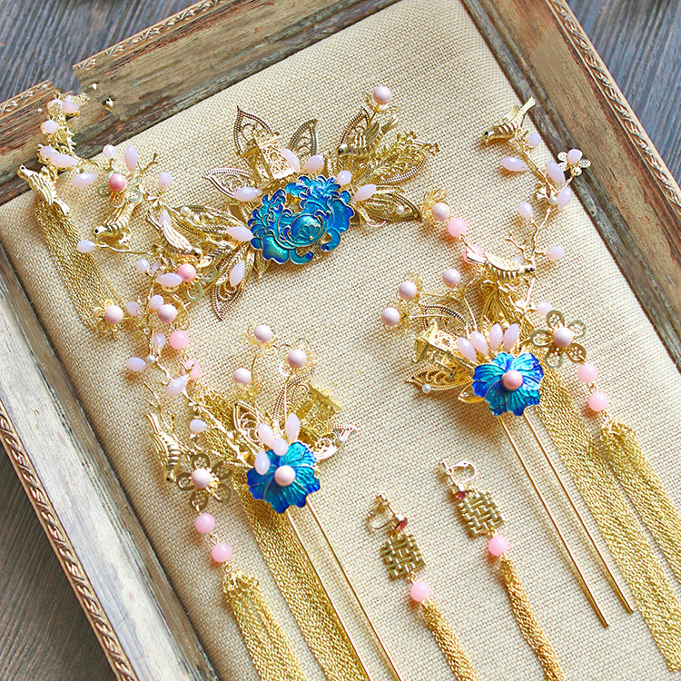 純手工精致金色流蘇發(fā)簪，新娘古風(fēng)頭飾