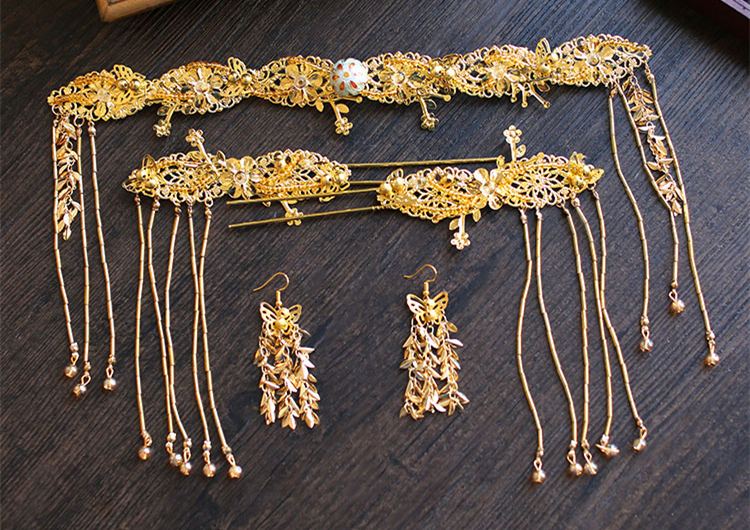 金色四件套古裝頭飾，古典韻味發(fā)飾